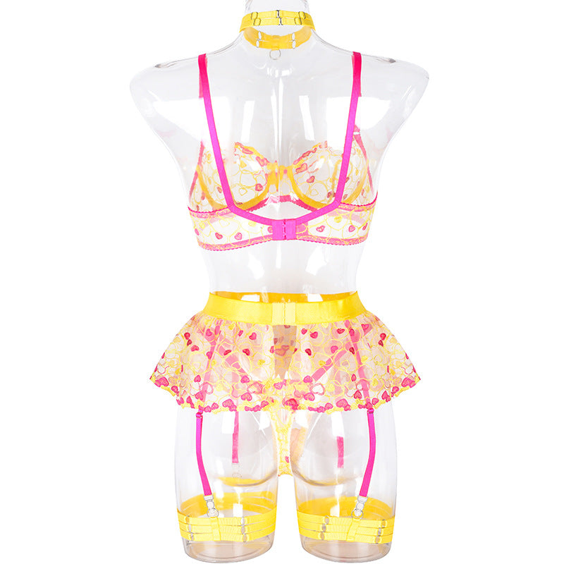 Lace and Eyelash Bra and Panty Set with Love Embroidery