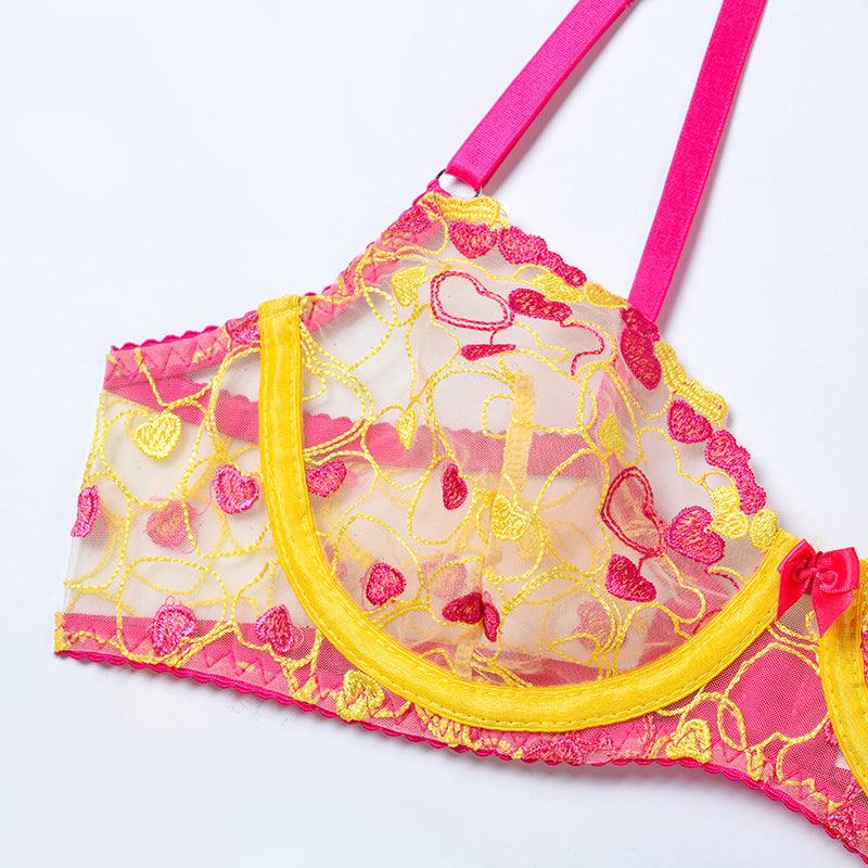 Lace and Eyelash Bra and Panty Set with Love Embroidery
