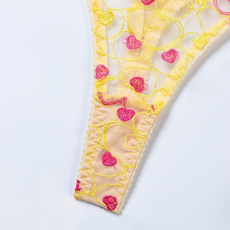 Lace and Eyelash Bra and Panty Set with Love Embroidery