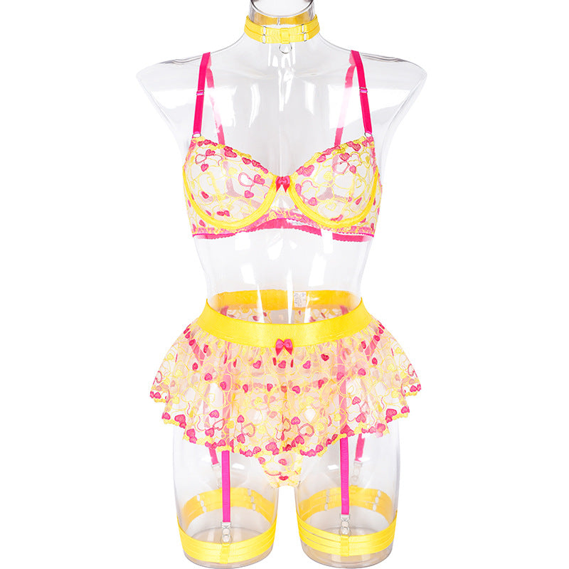 Lace and Eyelash Bra and Panty Set with Love Embroidery