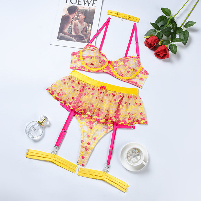 Lace and Eyelash Bra and Panty Set with Love Embroidery