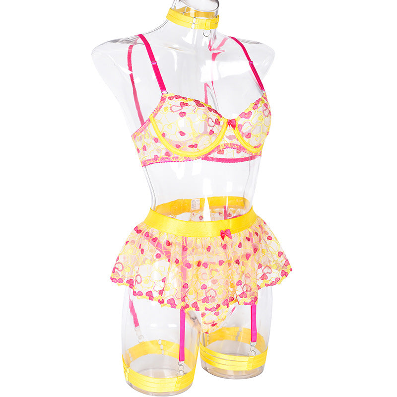Lace and Eyelash Bra and Panty Set with Love Embroidery