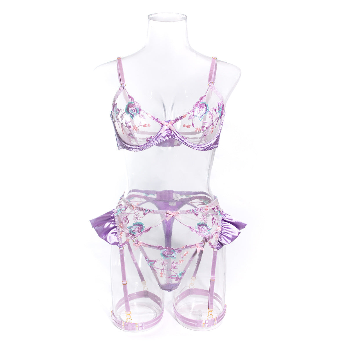 Purple and Pink Floral Lace Garter Lingerie Set