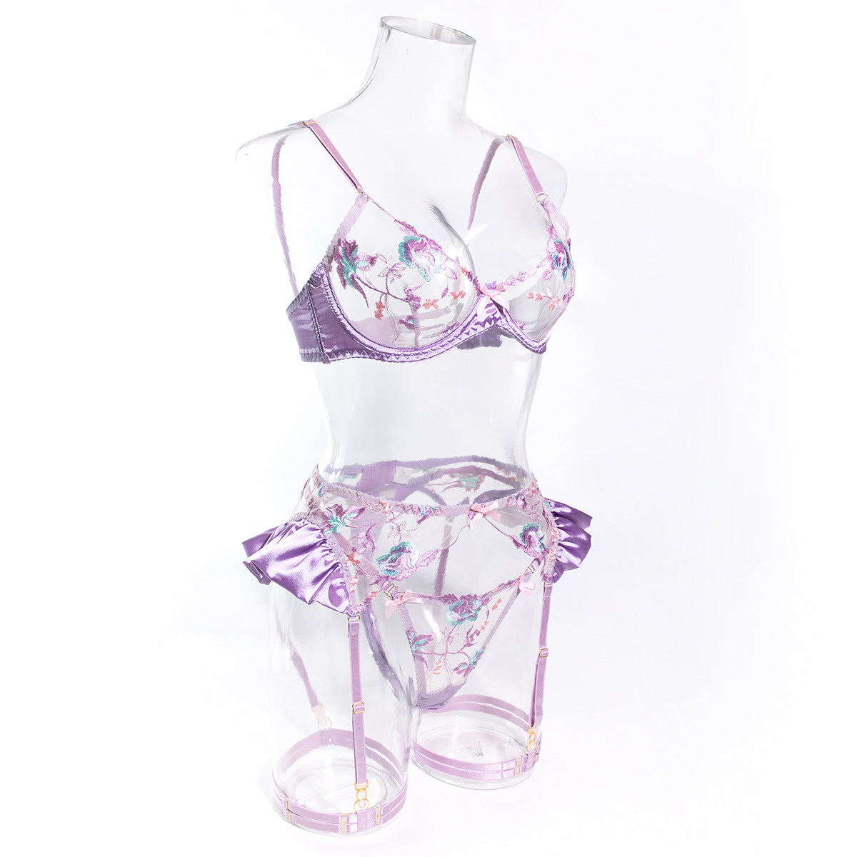 Purple and Pink Floral Lace Garter Lingerie Set