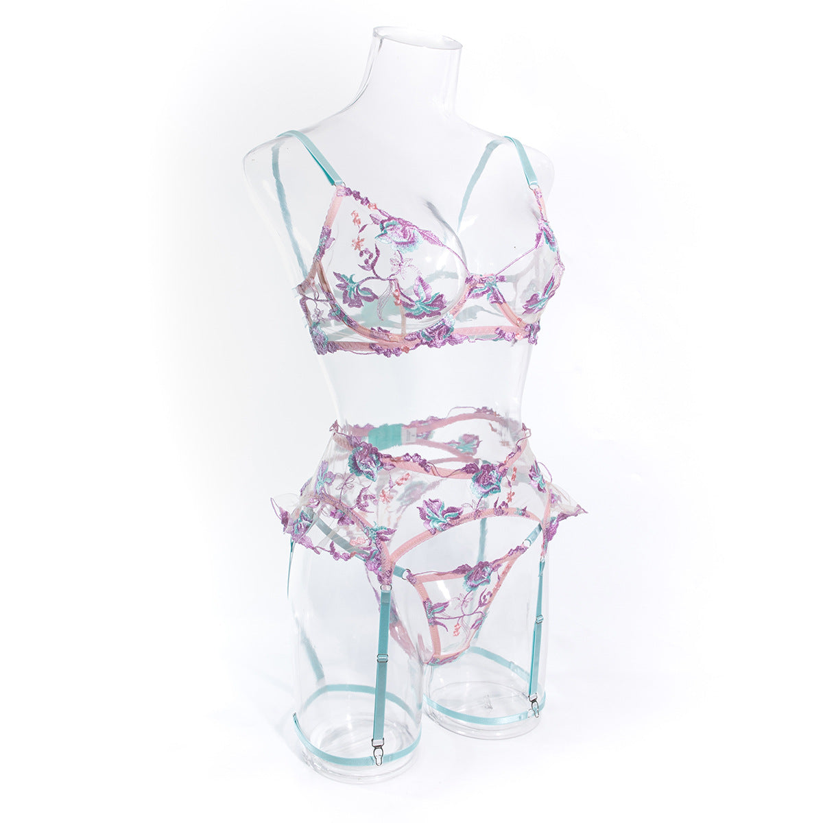 Lilac Floral Embroidered Lingerie Set