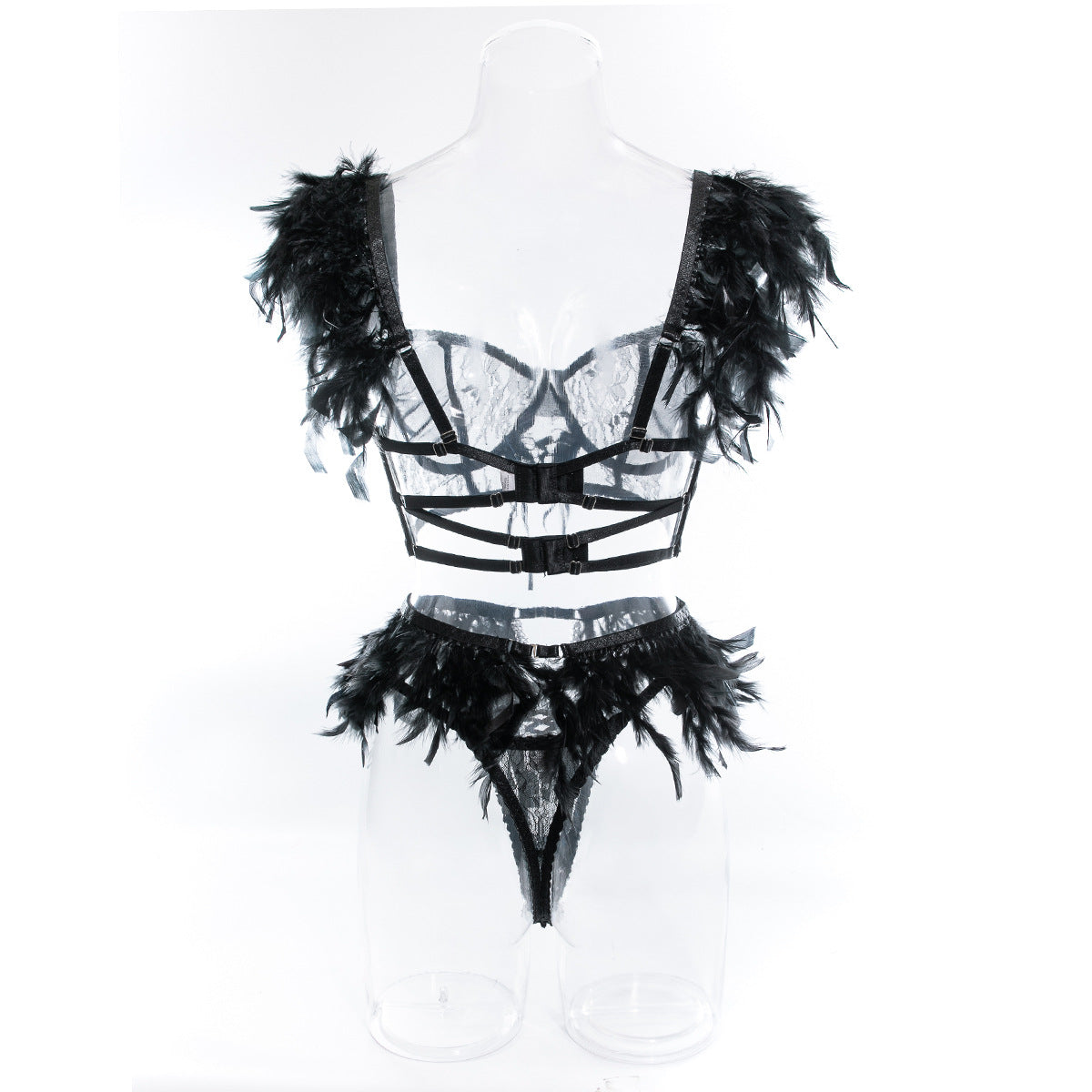 Luxury Feather Lingerie Set with Lace Splicing