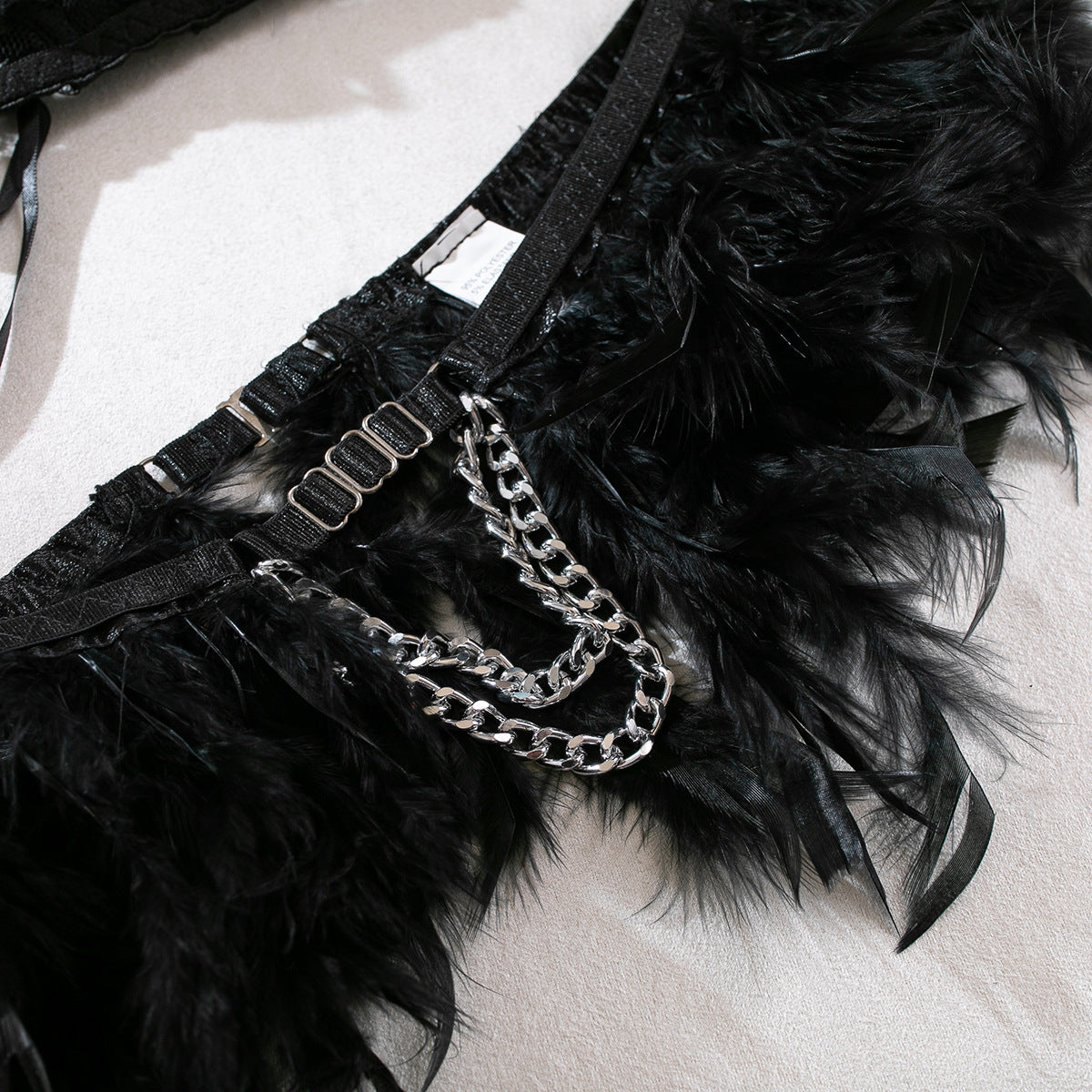 Luxury Feather Lingerie Set with Lace Splicing