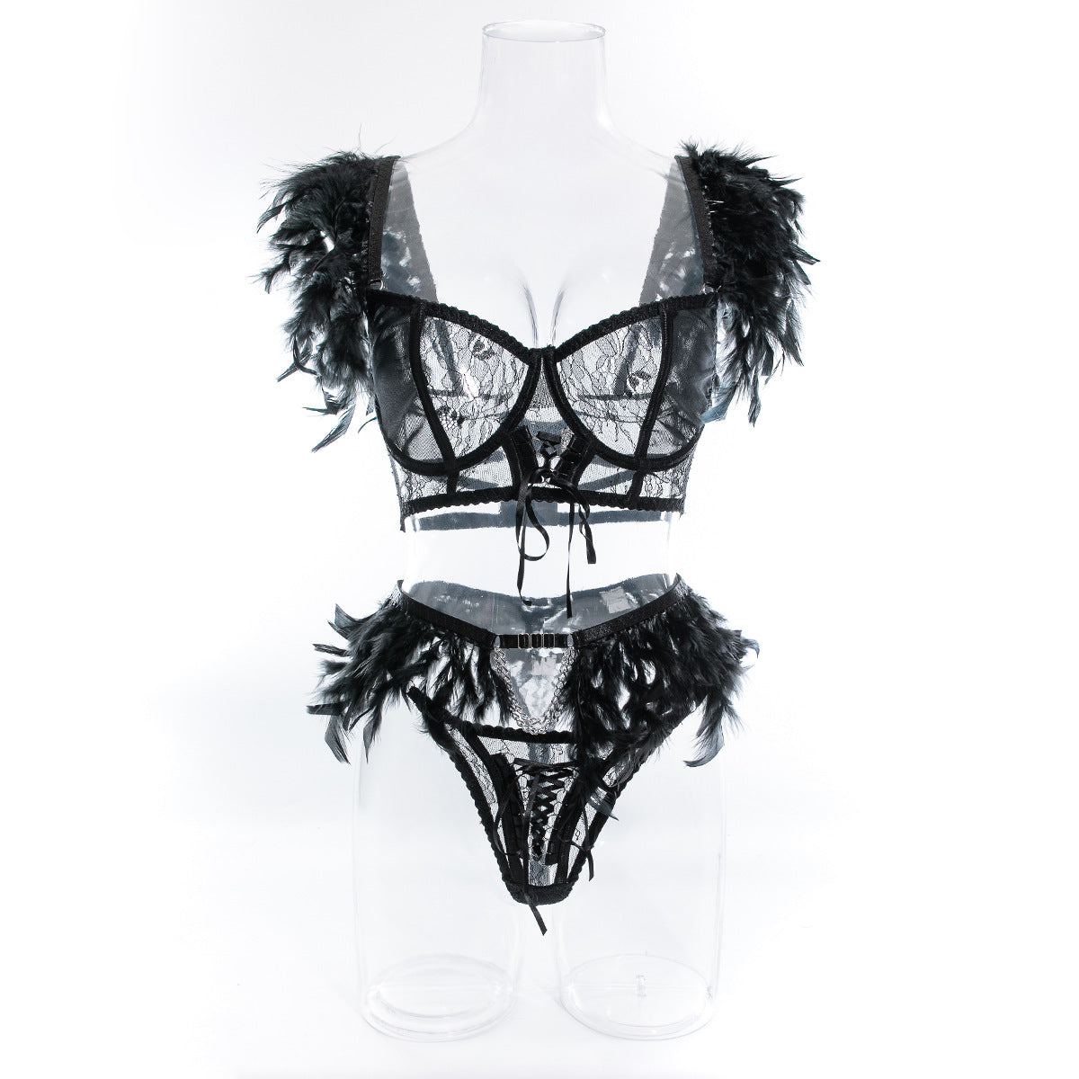 Luxury Feather Lingerie Set with Lace Splicing