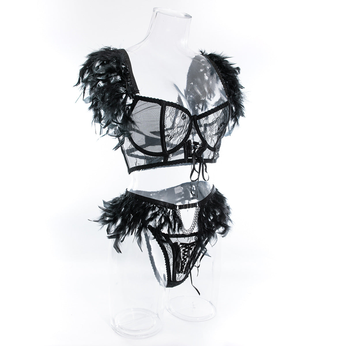 Luxury Feather Lingerie Set with Lace Splicing