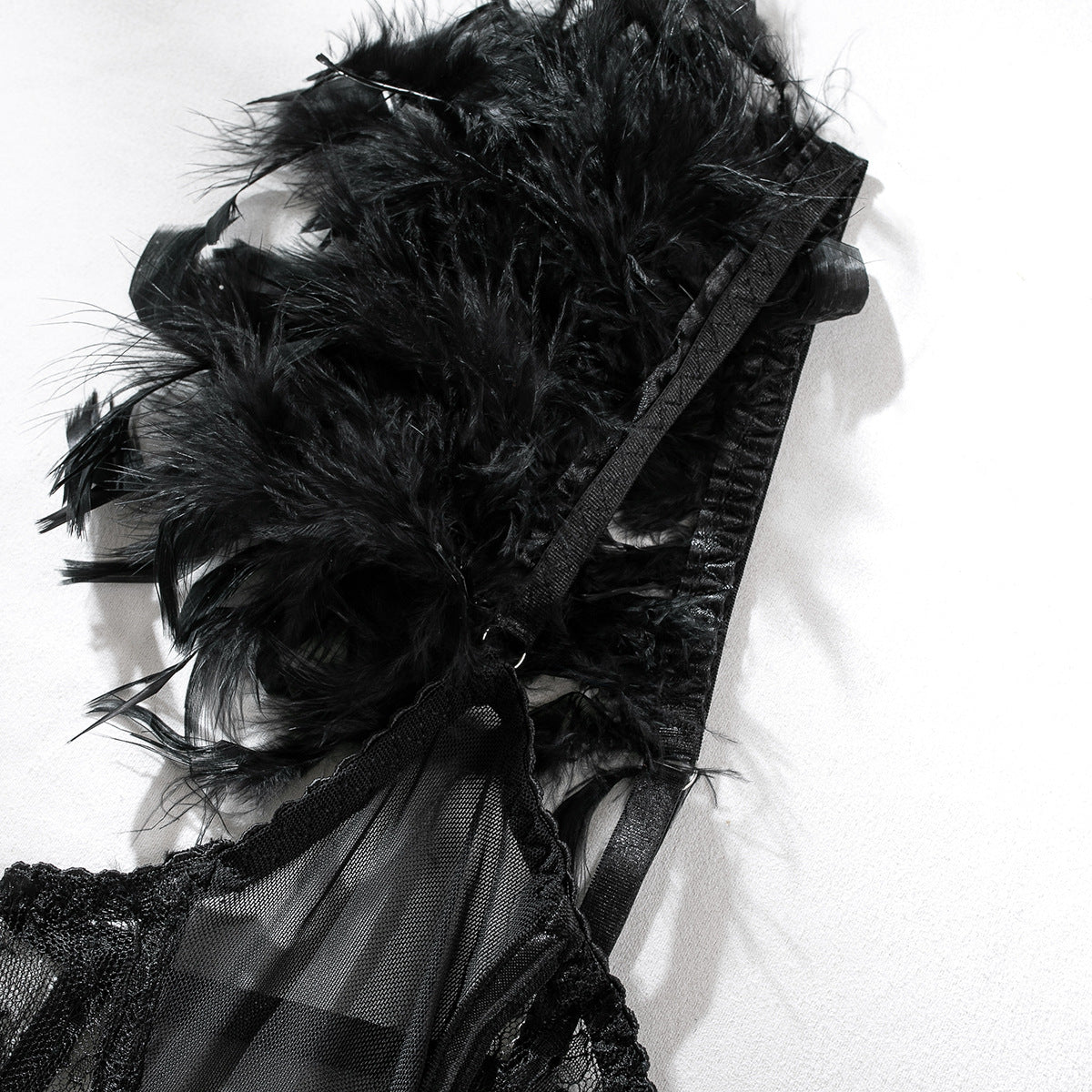 Luxury Feather Lingerie Set with Lace Splicing