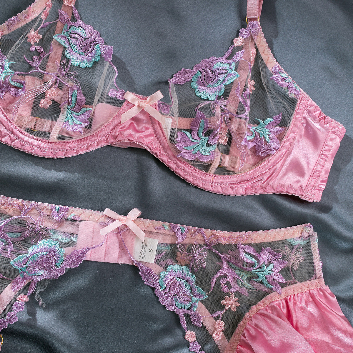 Purple and Pink Floral Lace Garter Lingerie Set