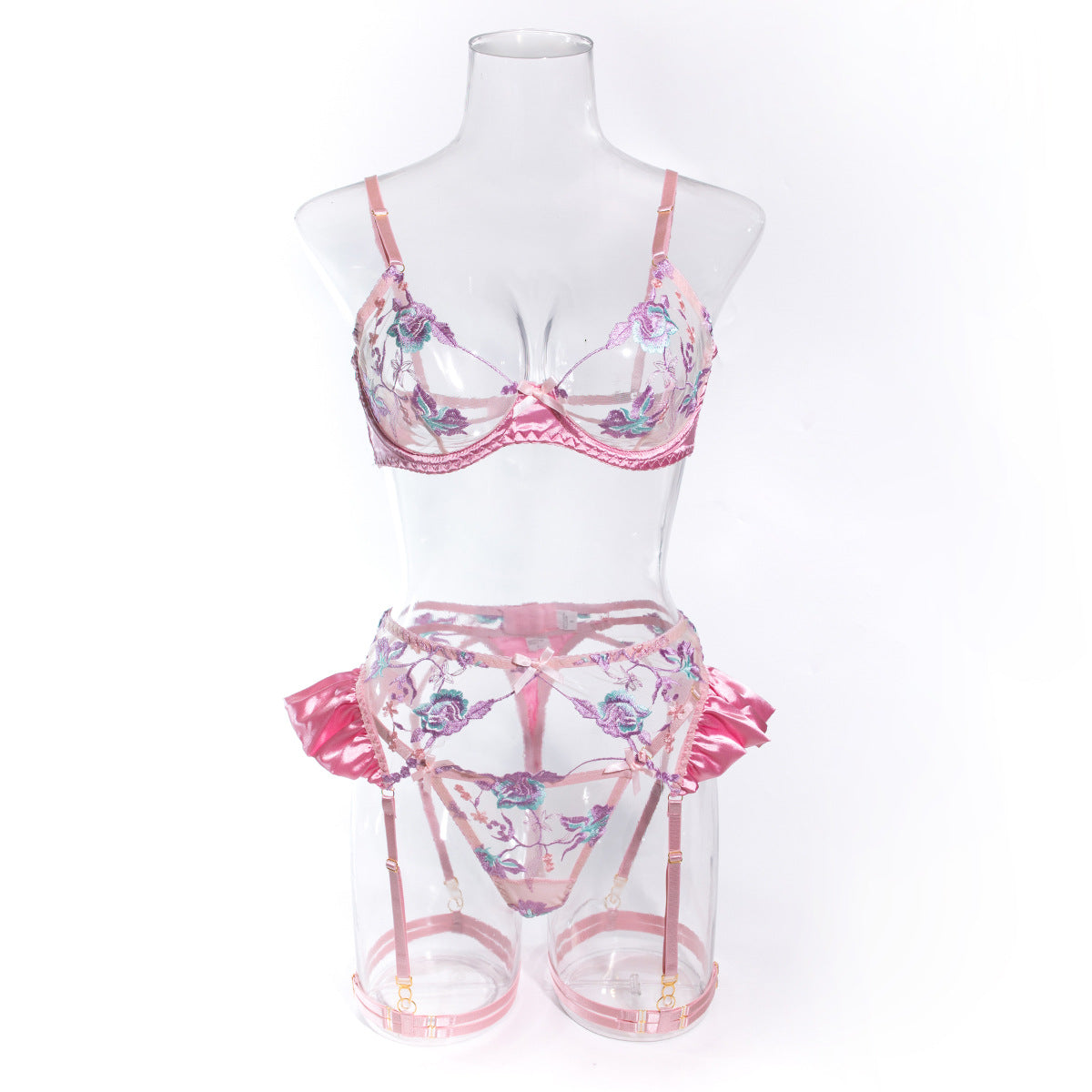 Purple and Pink Floral Lace Garter Lingerie Set