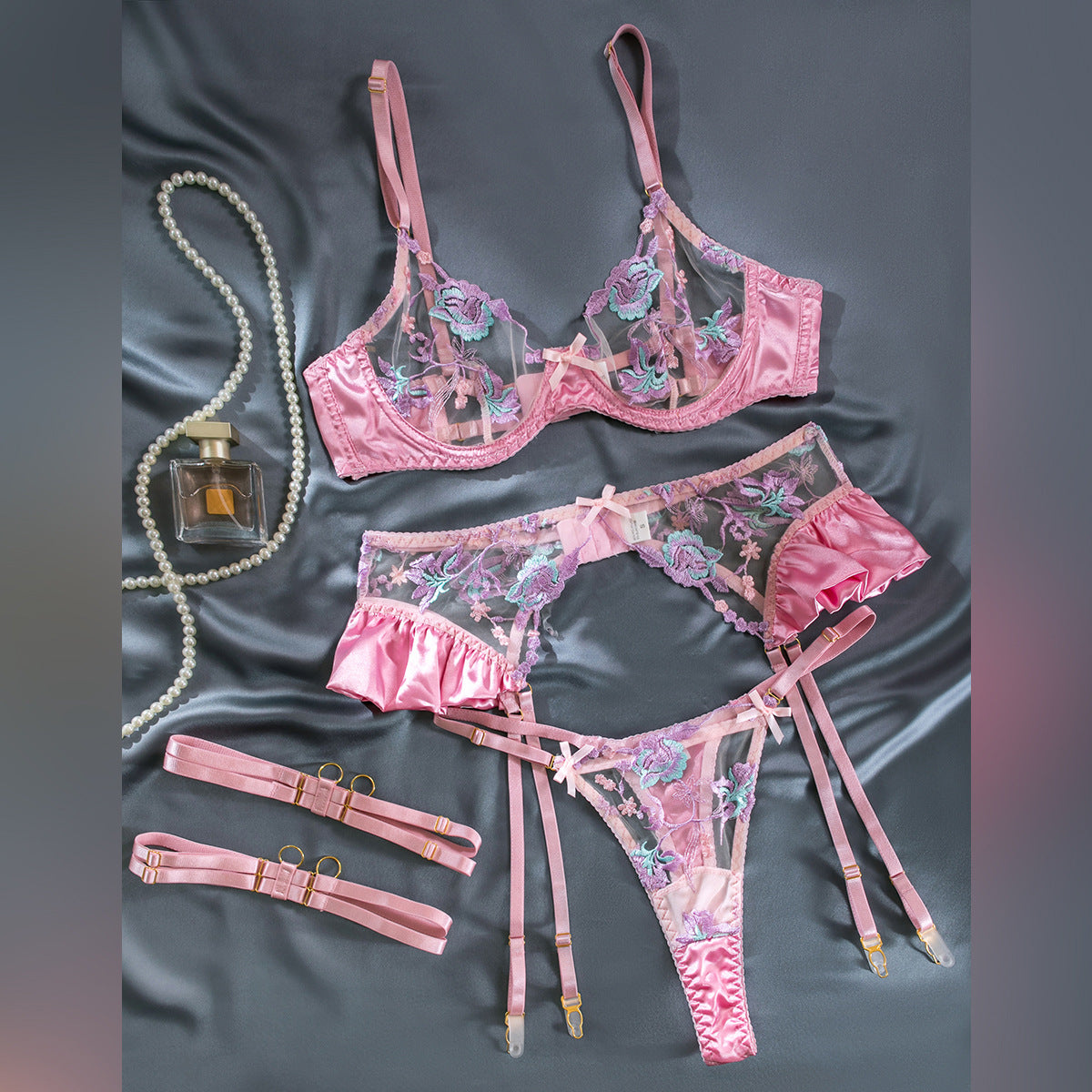 Purple and Pink Floral Lace Garter Lingerie Set