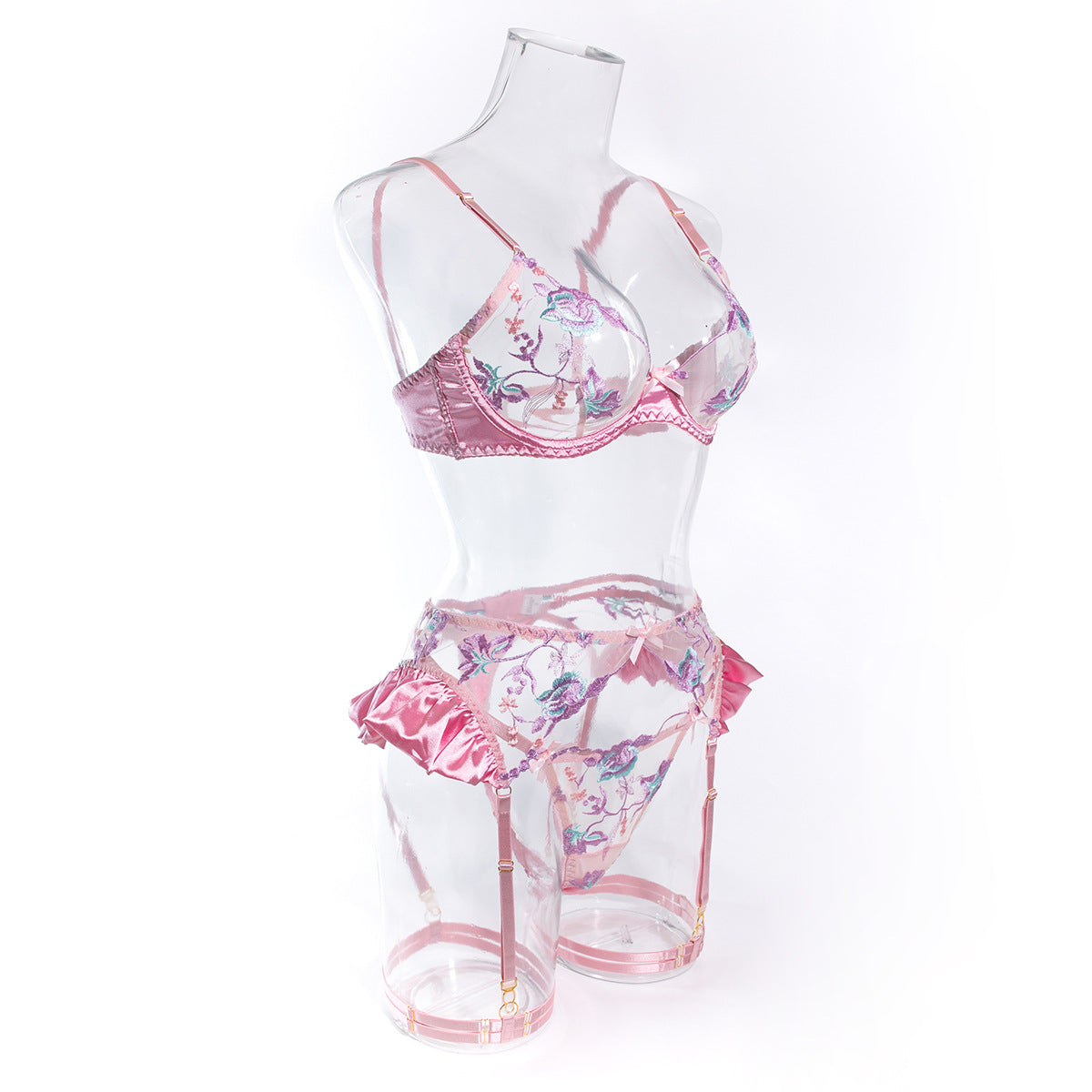 Purple and Pink Floral Lace Garter Lingerie Set