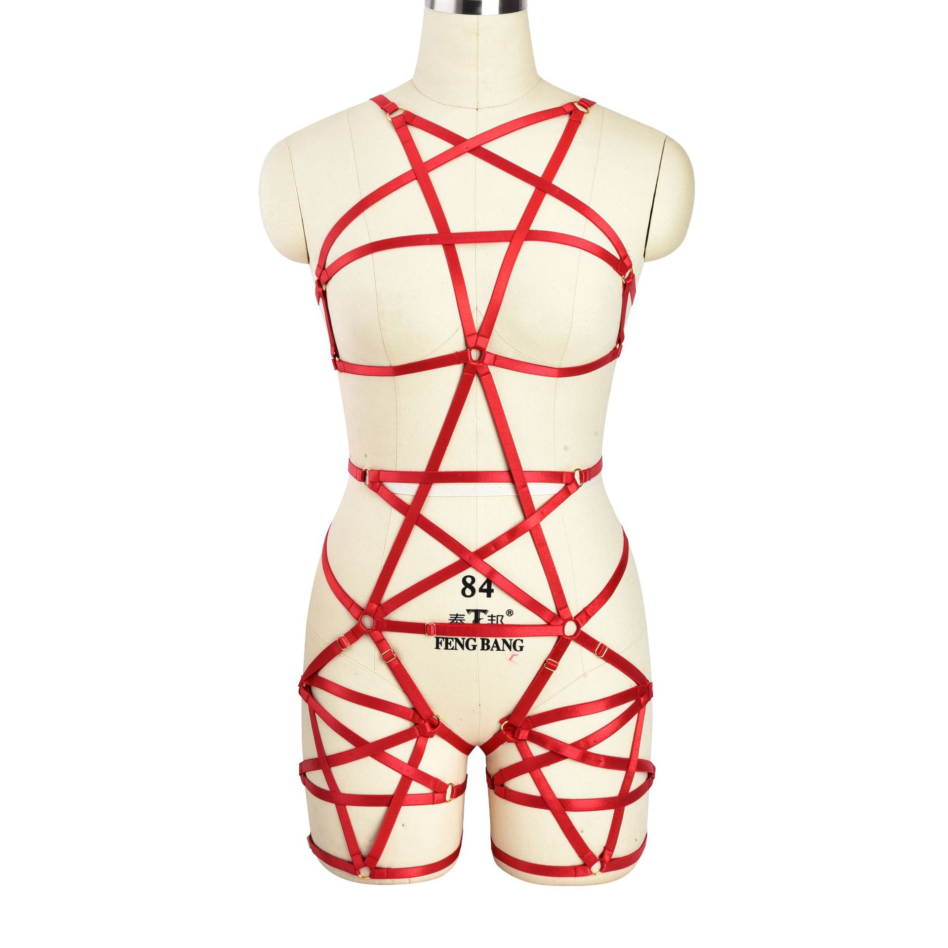 Red Pentagram Harness Bodysuit with Strappy Design
