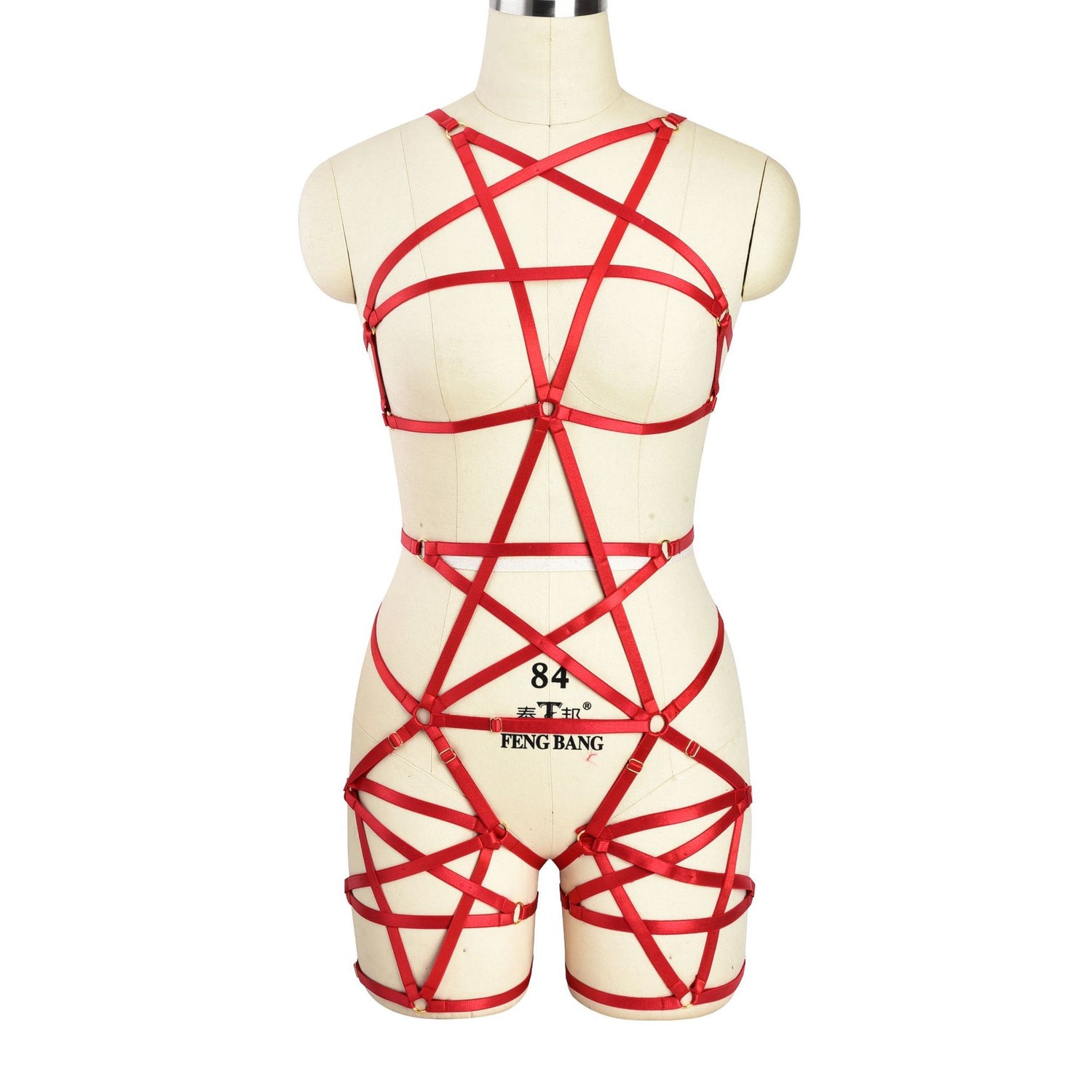 Red Pentagram Harness Bodysuit with Strappy Design