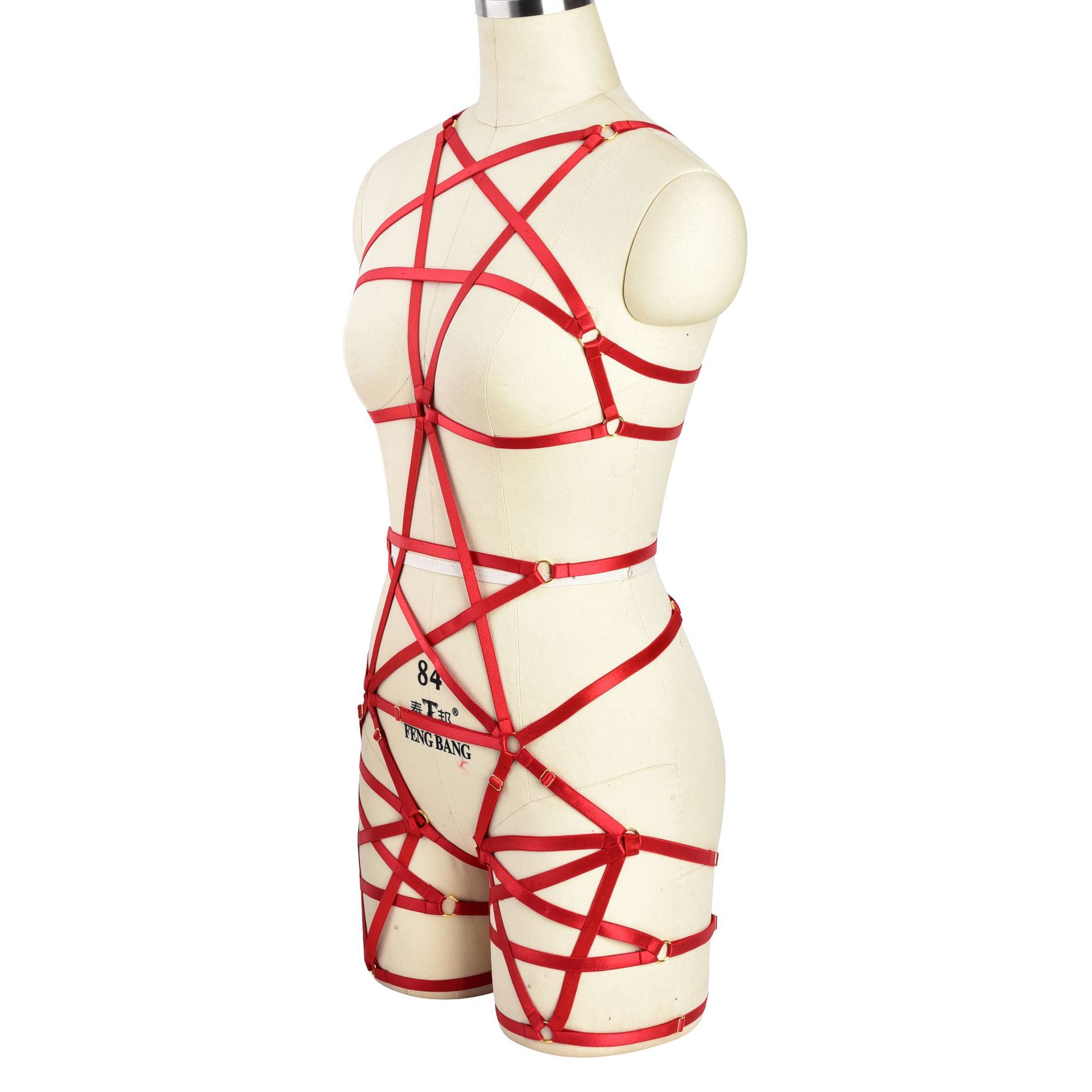 Red Pentagram Harness Bodysuit with Strappy Design