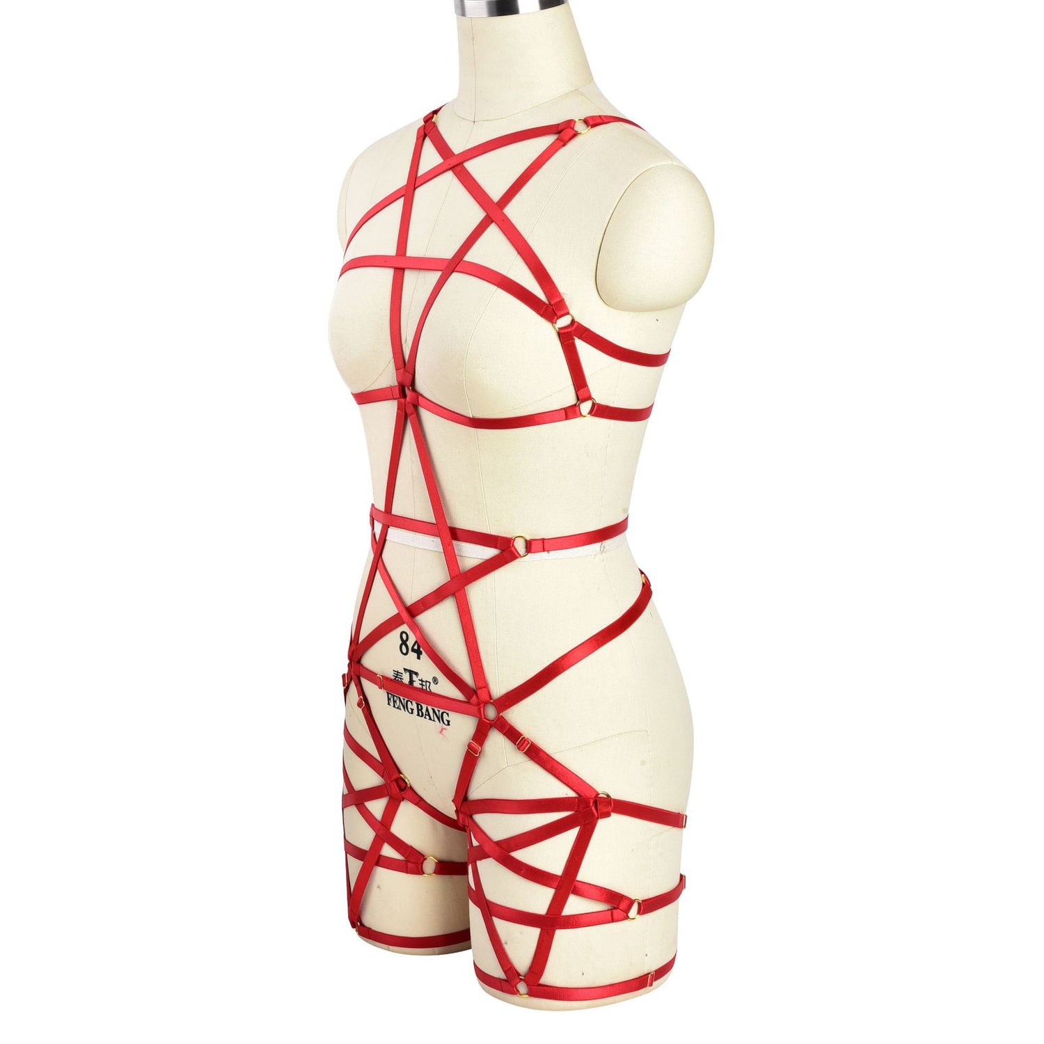 Red Pentagram Harness Bodysuit with Strappy Design