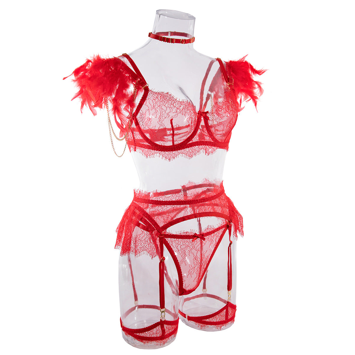 Sexy Lace Bra and Panties Set with Feather Details