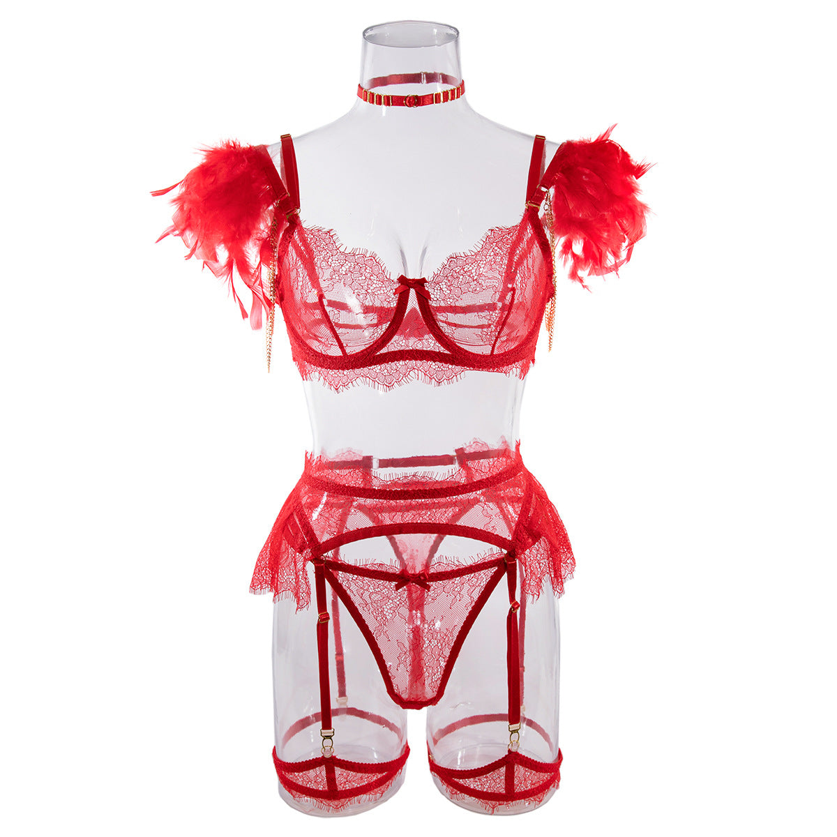 Sexy Lace Bra and Panties Set with Feather Details