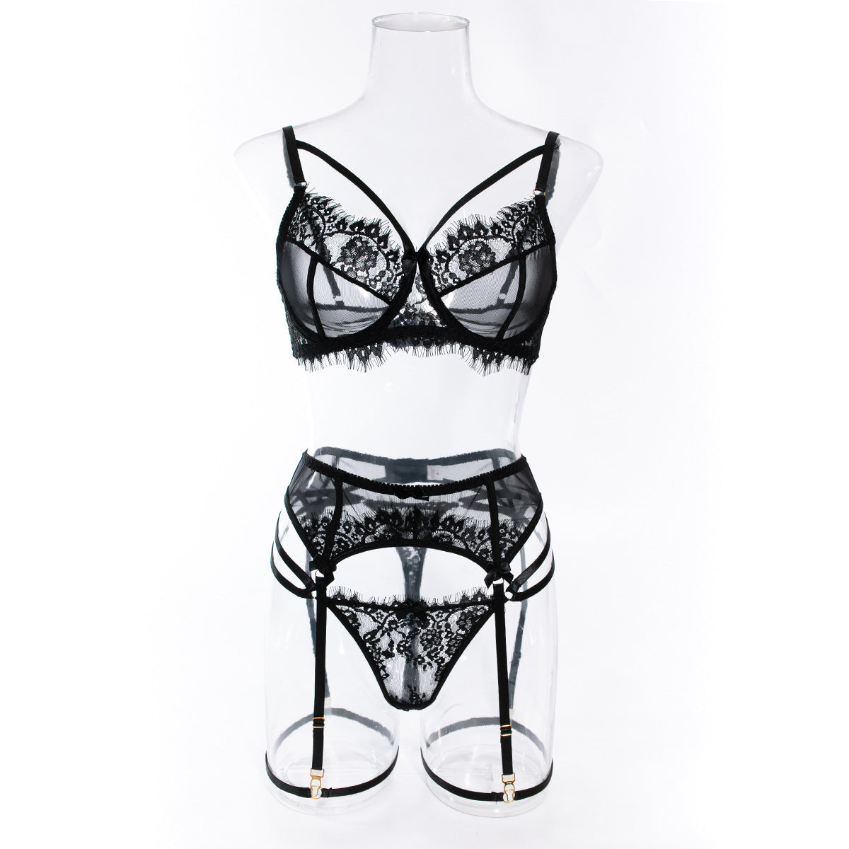 Sexy Black Bra Panty Set with Floral Lace Garter