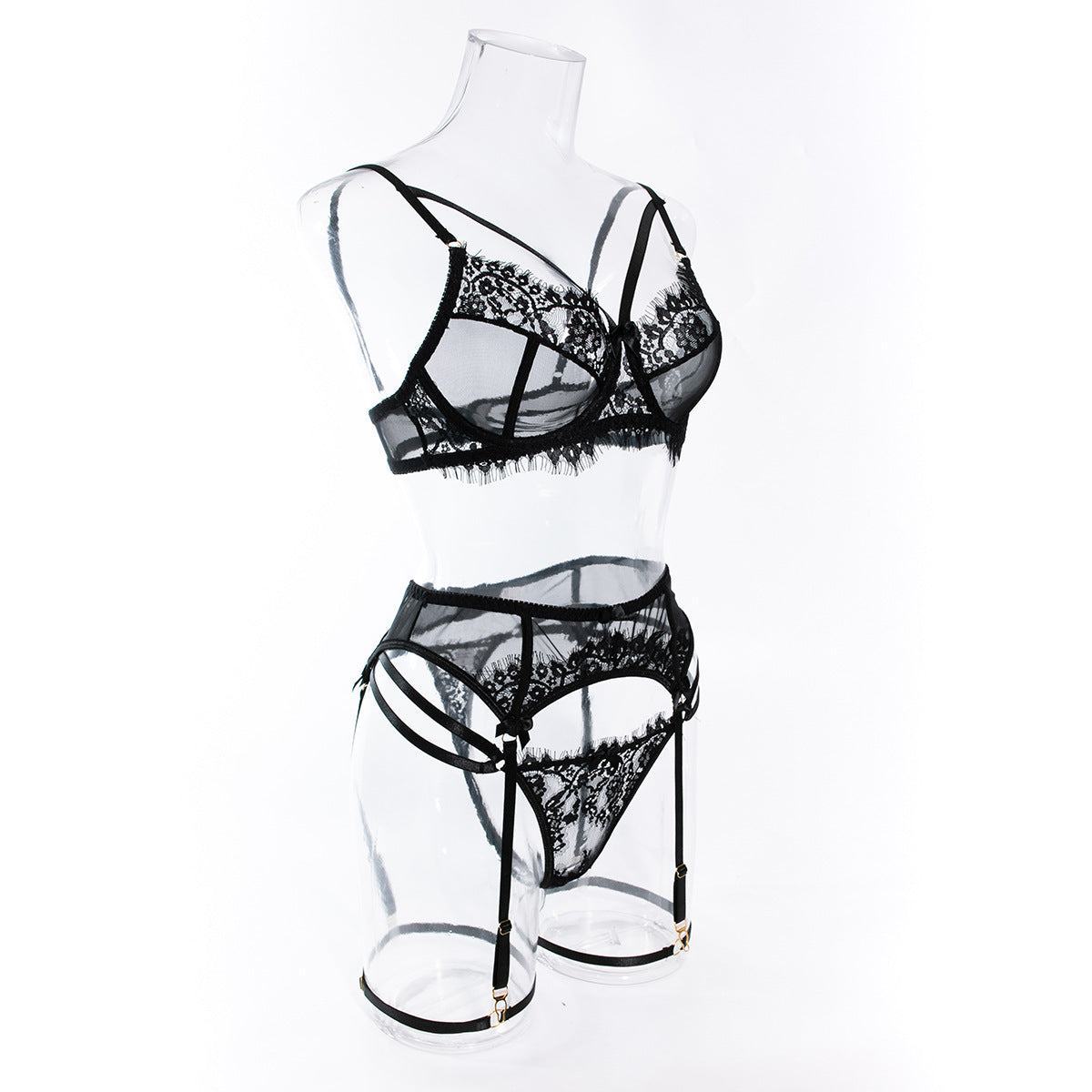 Sexy Black Bra Panty Set with Floral Lace Garter