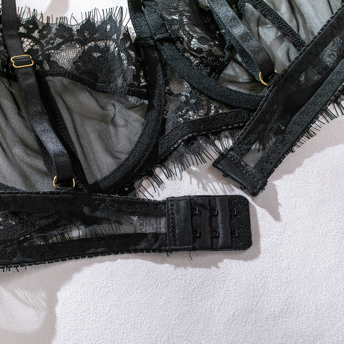 Sexy Black Bra Panty Set with Floral Lace Garter