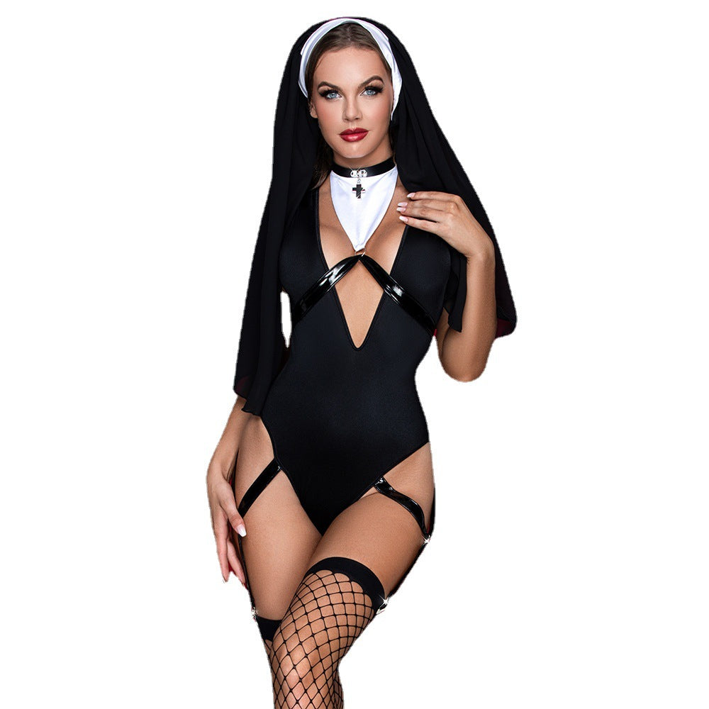 Sexy Black Nun Costume Bodysuit