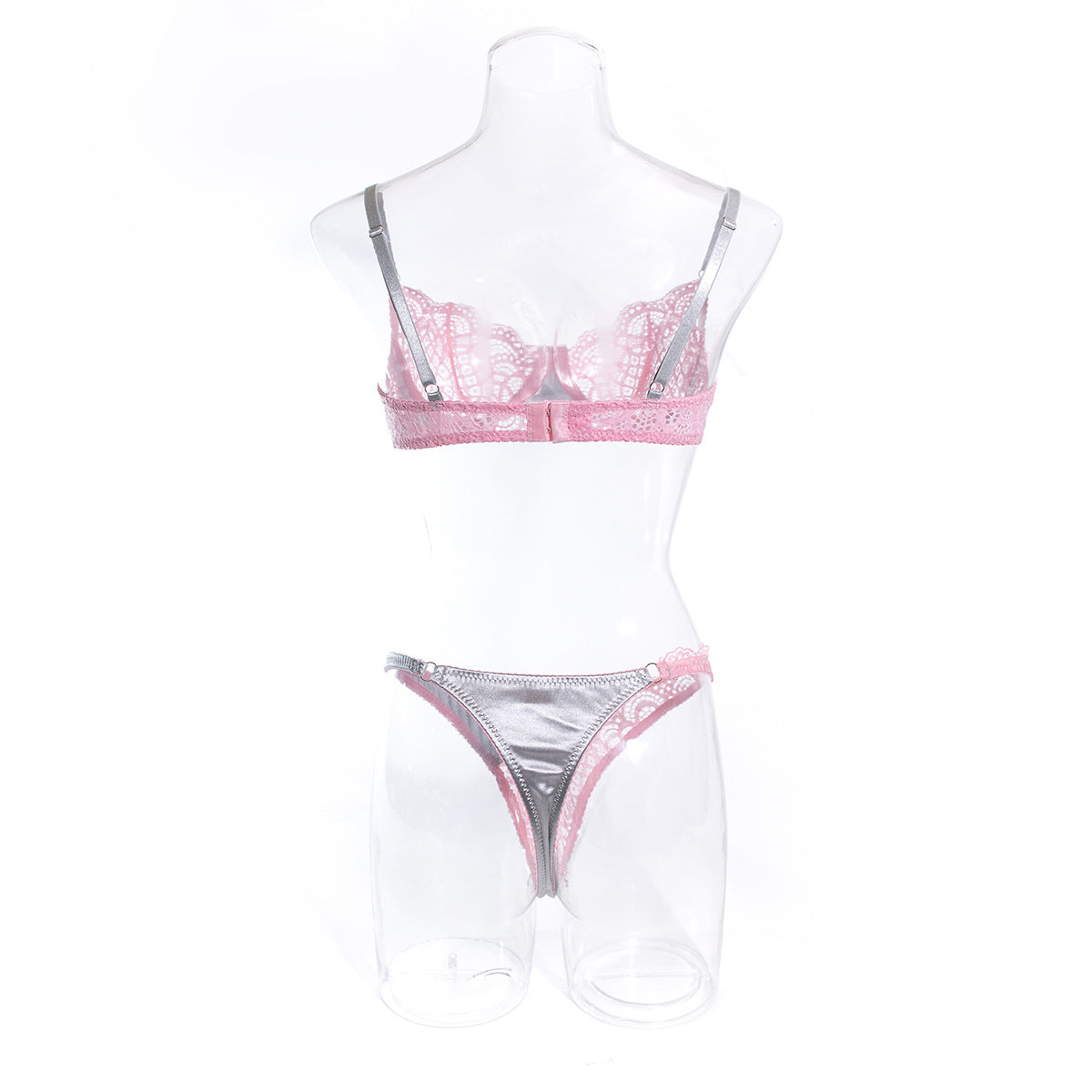 Sexy Lace Lingerie Set in Silver Gray and Pink Contrast
