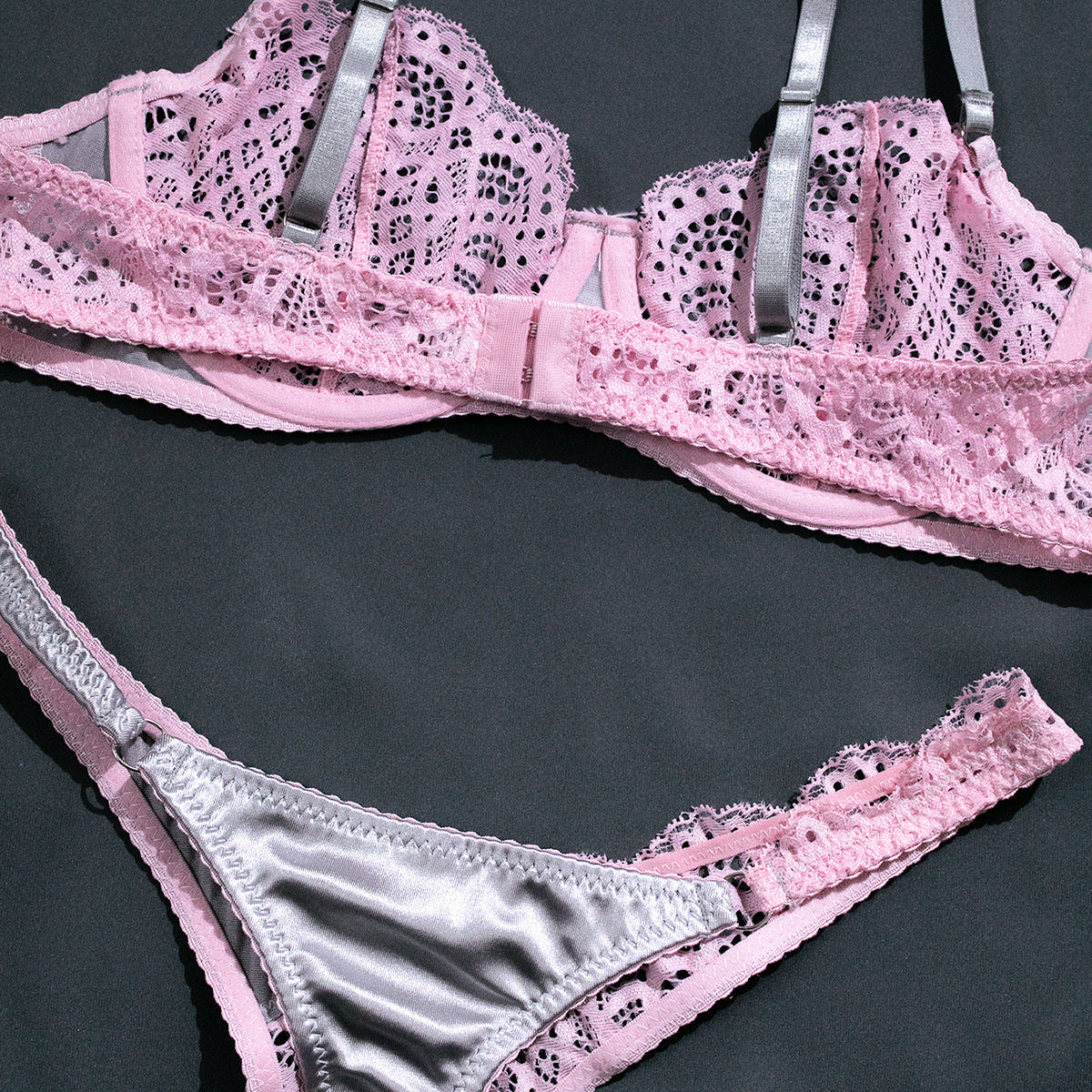 Sexy Lace Lingerie Set in Silver Gray and Pink Contrast
