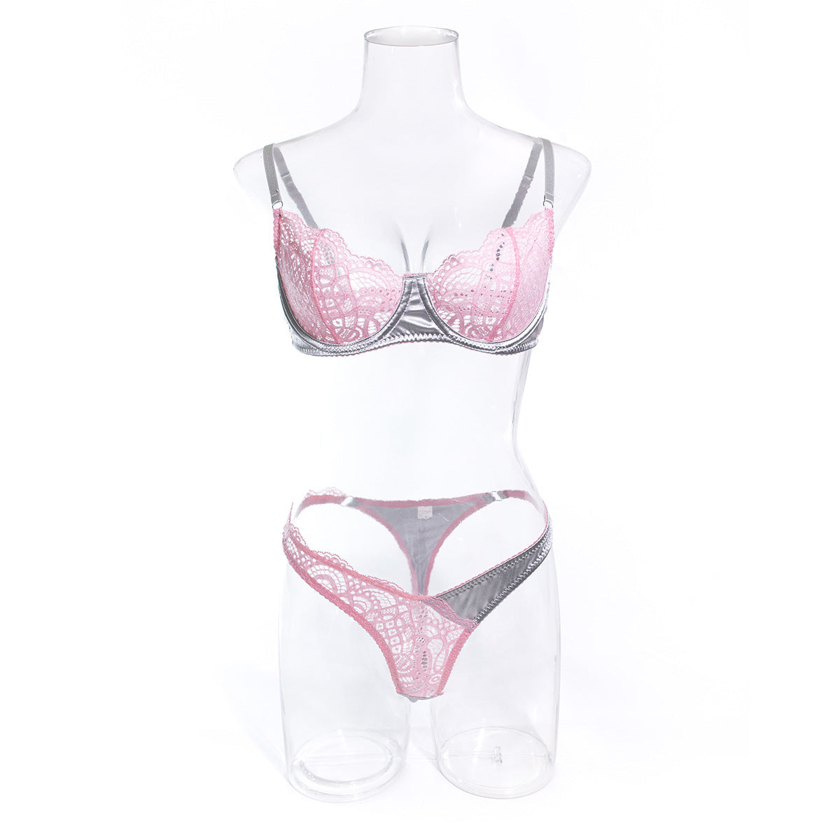 Sexy Lace Lingerie Set in Silver Gray and Pink Contrast