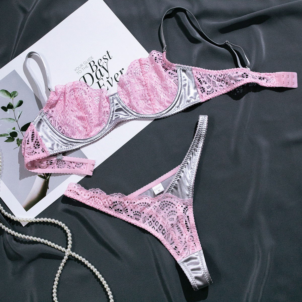 Sexy Lace Lingerie Set in Silver Gray and Pink Contrast