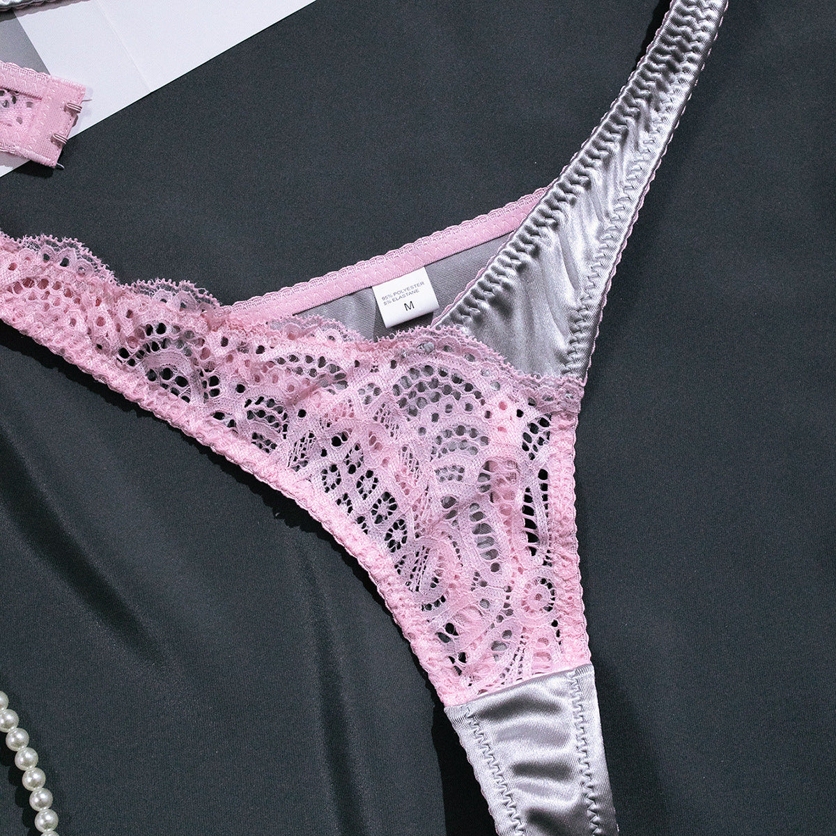 Sexy Lace Lingerie Set in Silver Gray and Pink Contrast