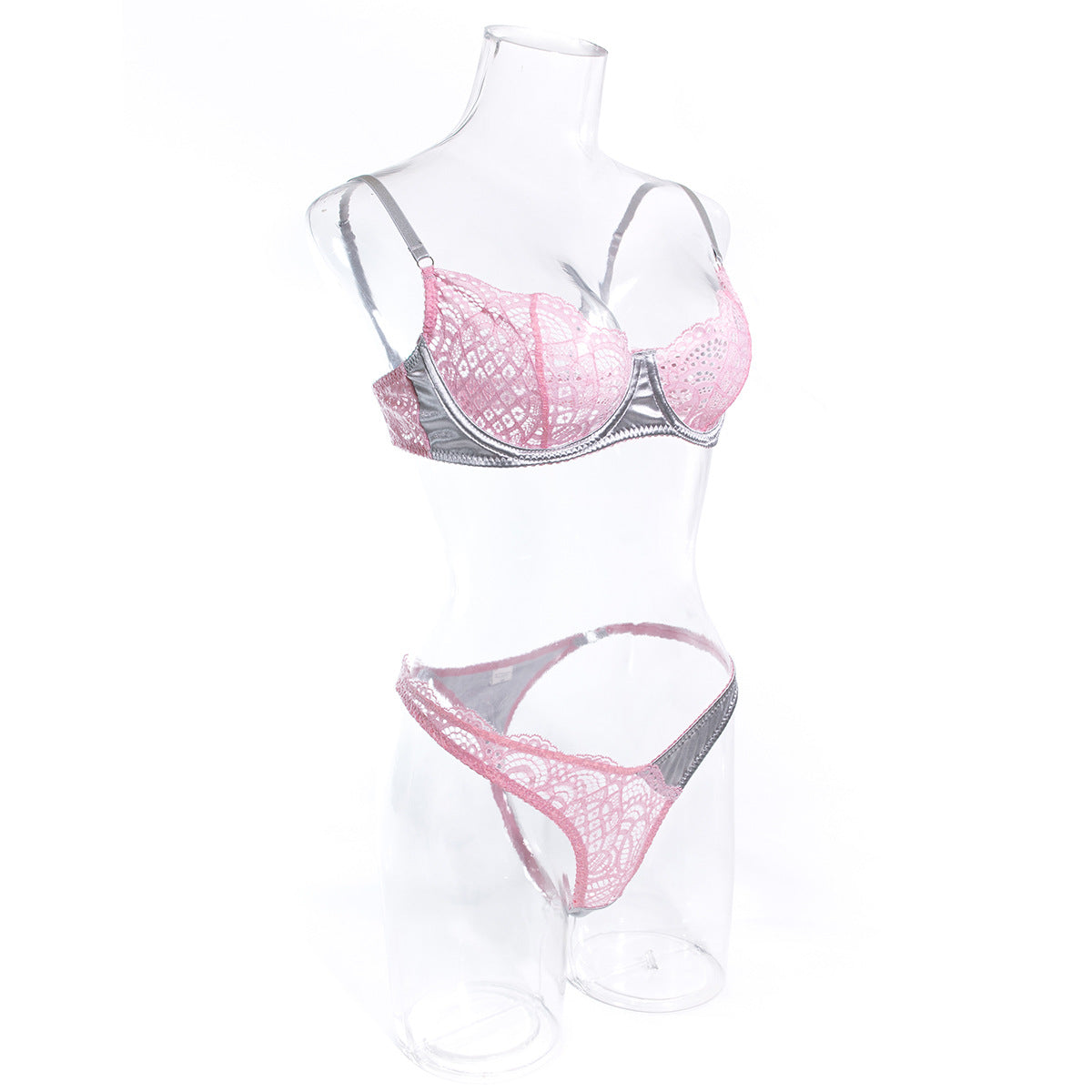Sexy Lace Lingerie Set in Silver Gray and Pink Contrast