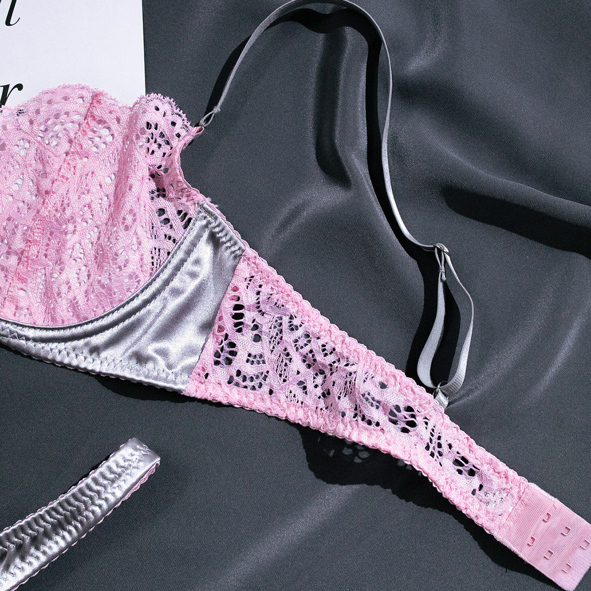 Sexy Lace Lingerie Set in Silver Gray and Pink Contrast