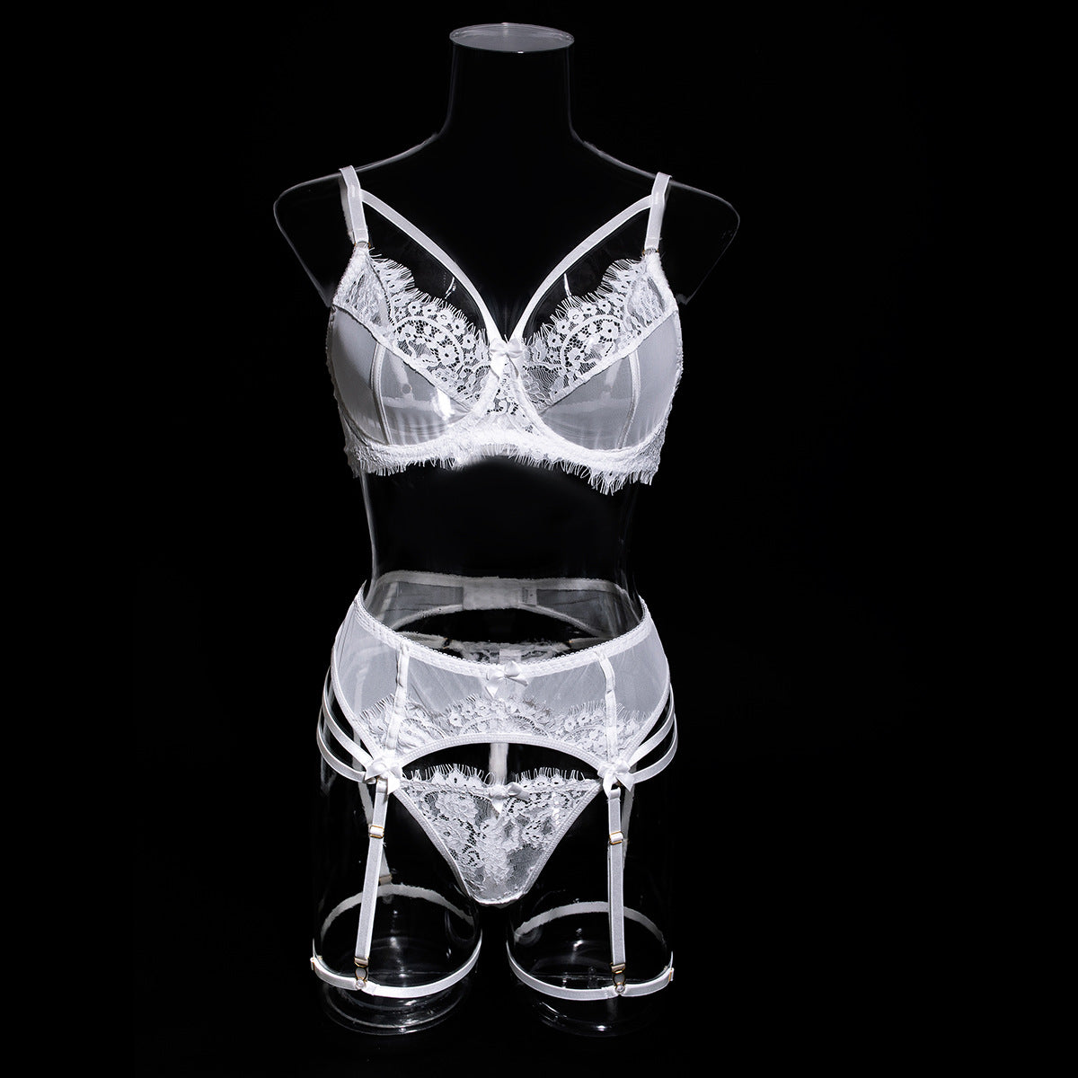 Sexy Black Bra Panty Set with Floral Lace Garter
