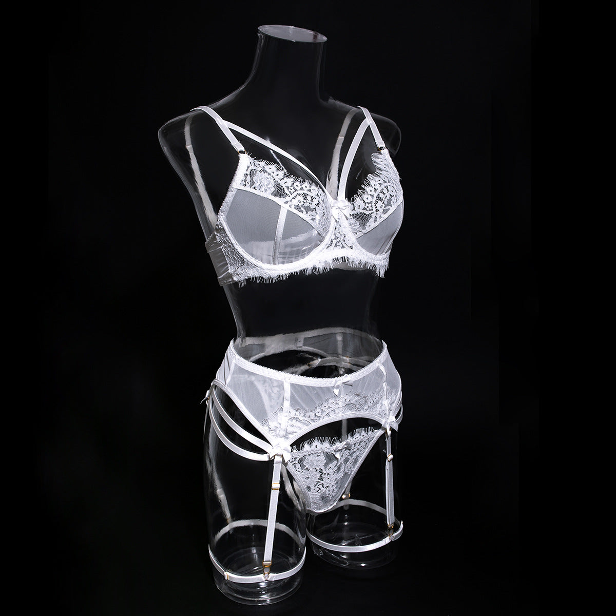 Sexy Black Bra Panty Set with Floral Lace Garter