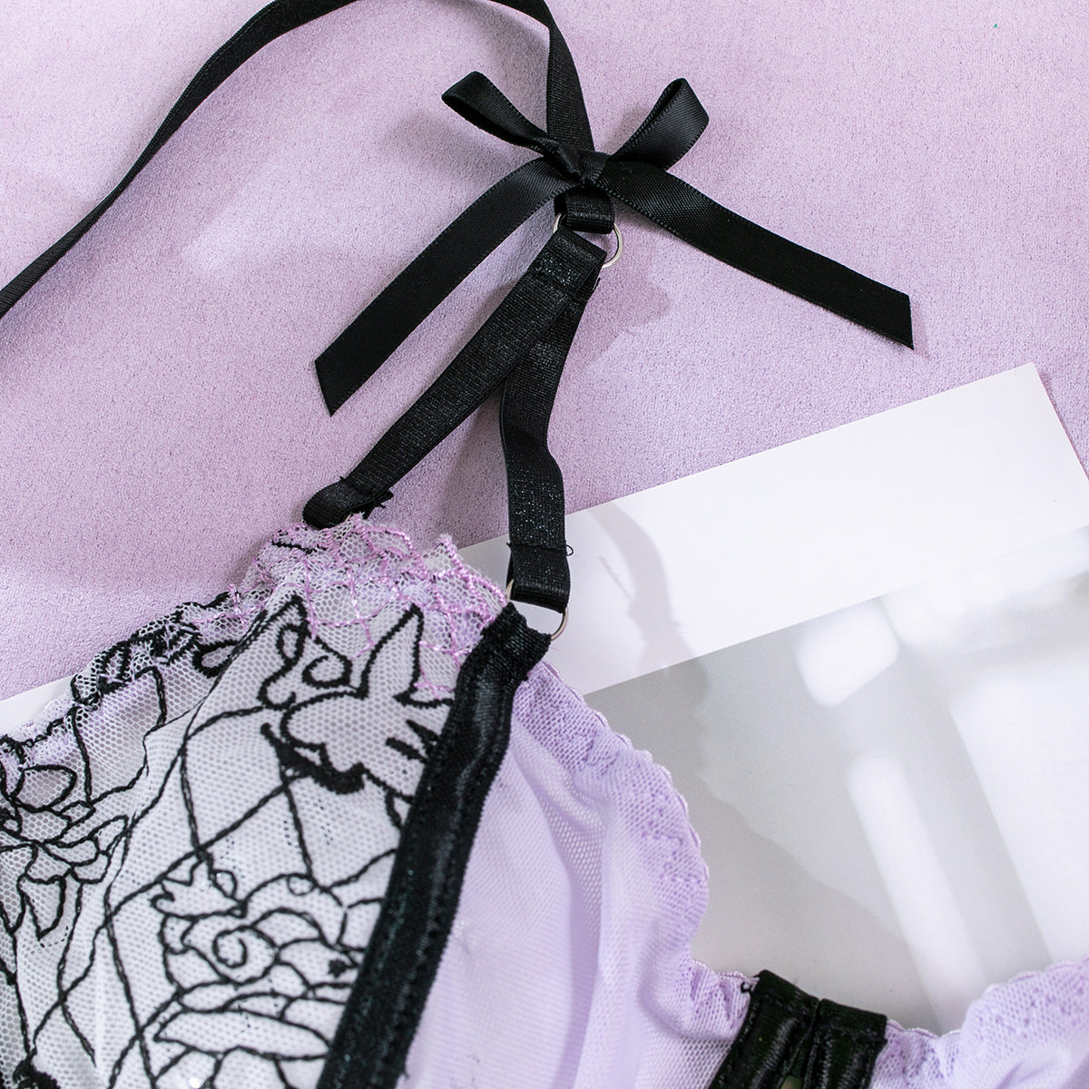 Sheer Lace Bra and Panty Set with Matching Suspender