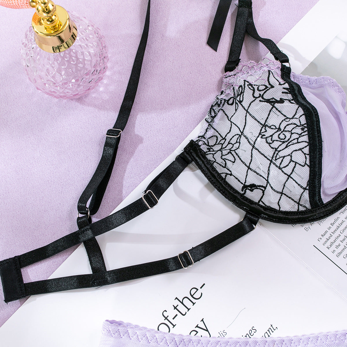 Sheer Lace Bra and Panty Set with Matching Suspender