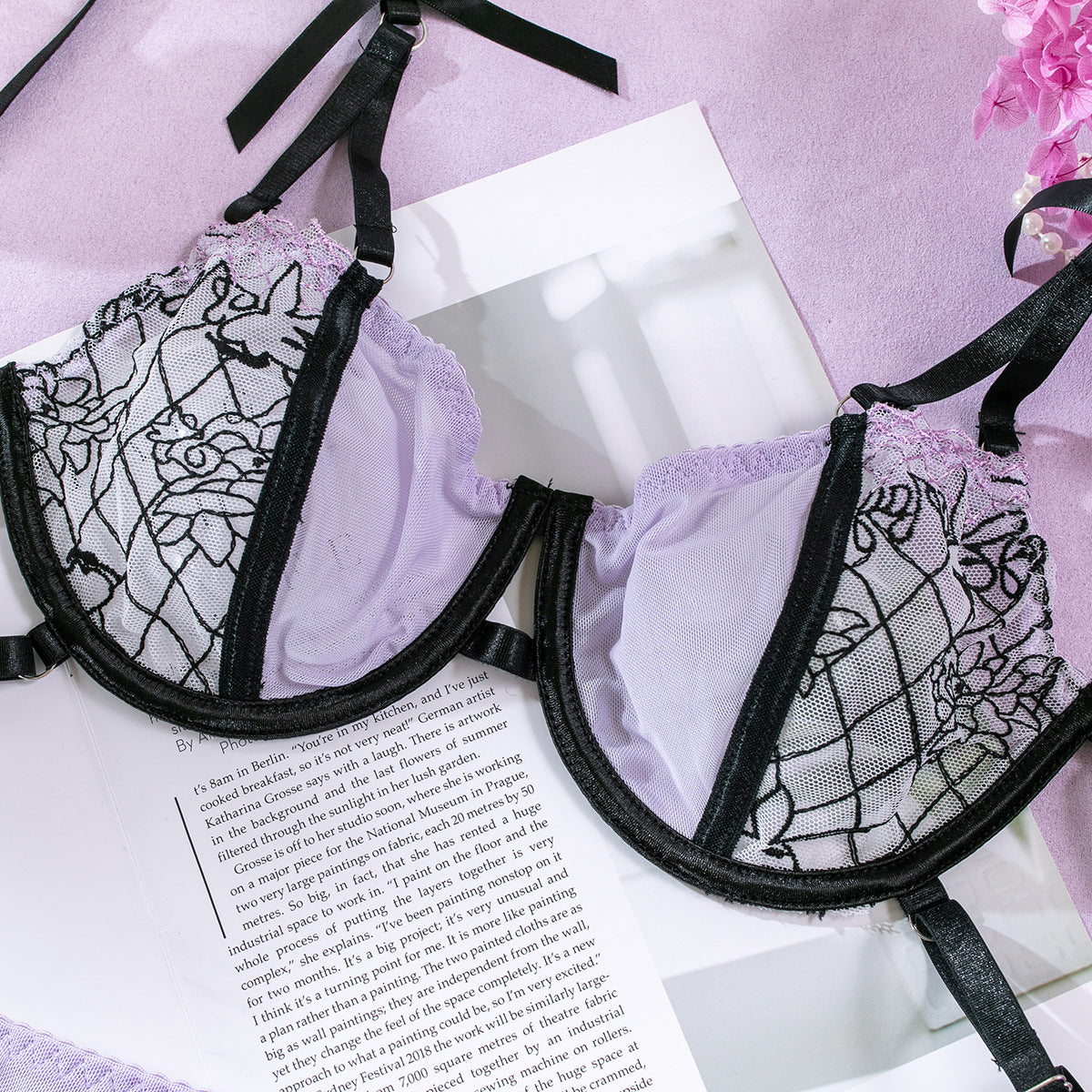 Sheer Lace Bra and Panty Set with Matching Suspender