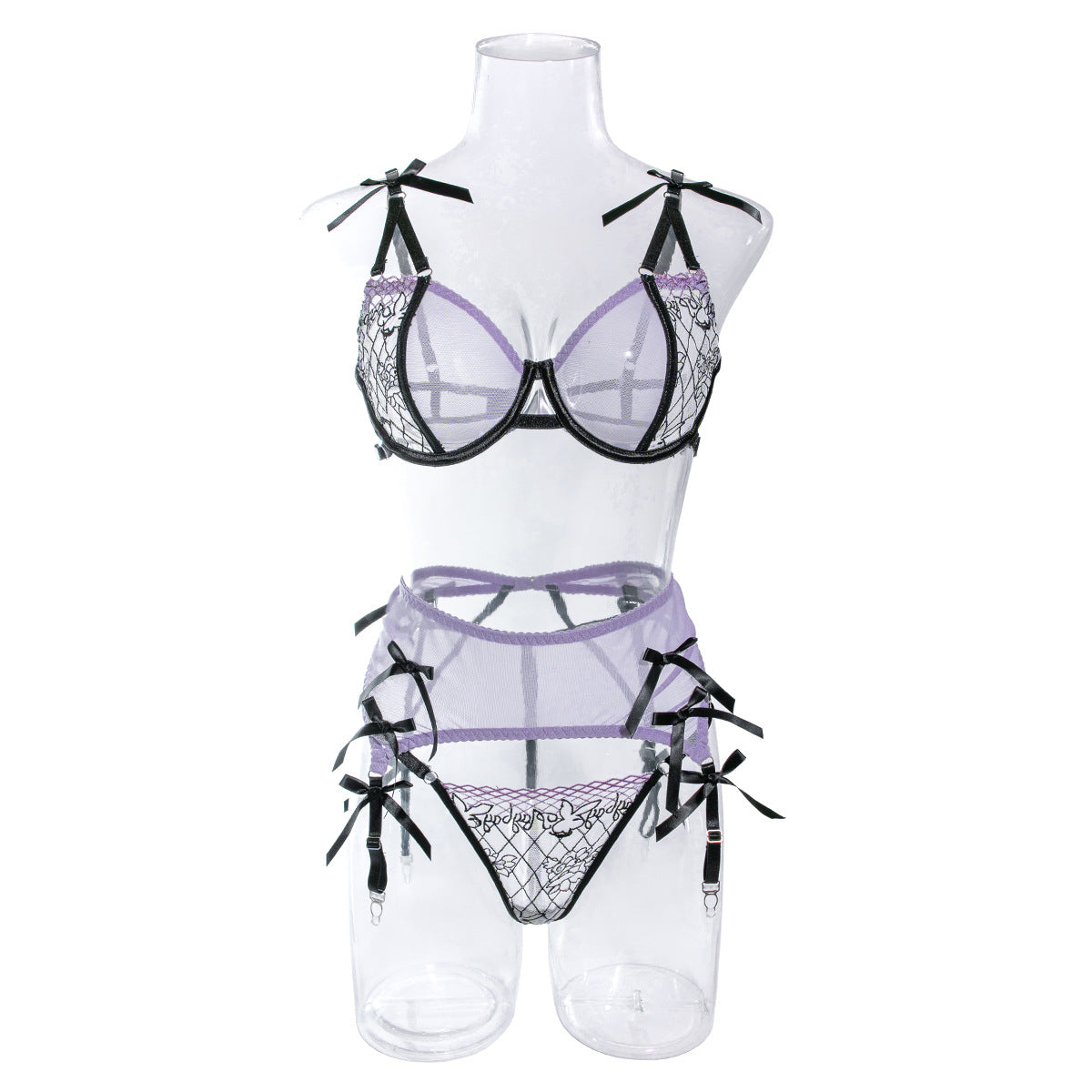 Sheer Lace Bra and Panty Set with Matching Suspender