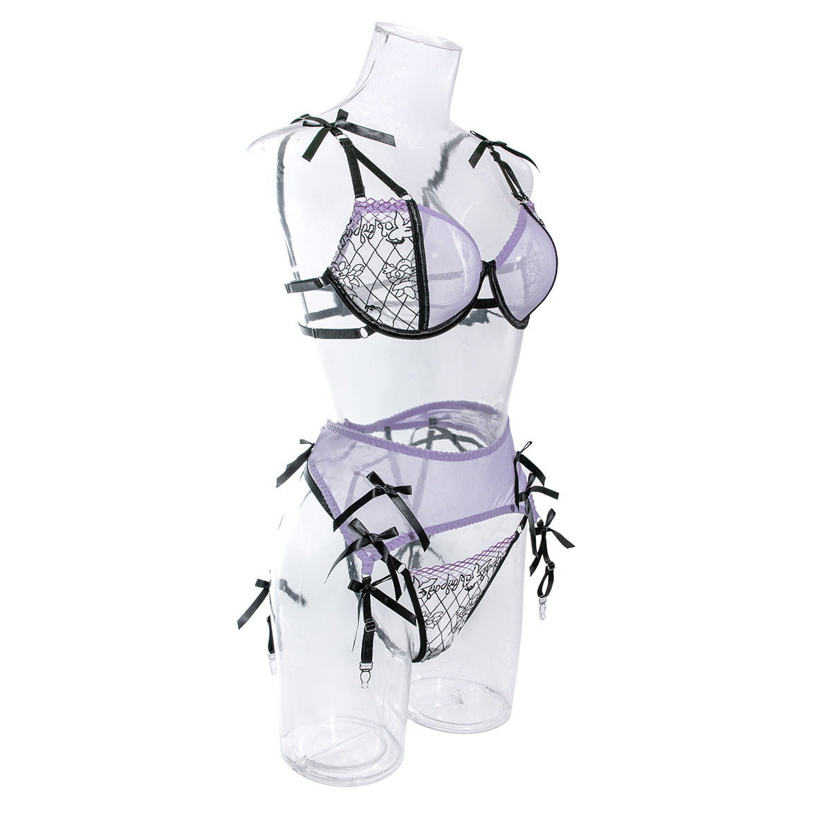 Sheer Lace Bra and Panty Set with Matching Suspender