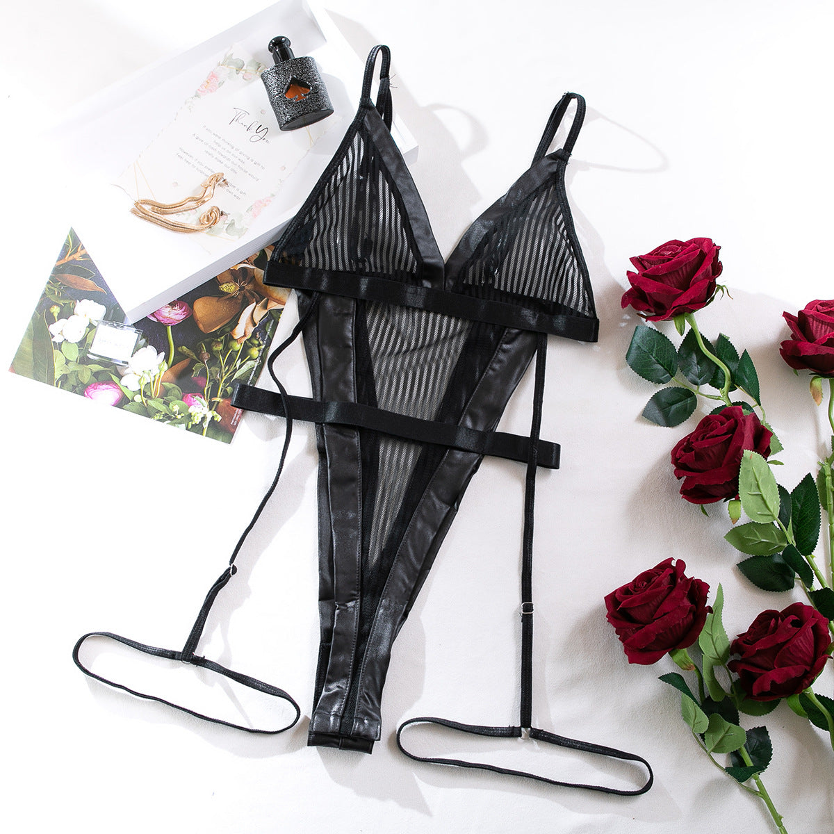 Striped Black Bodysuit with Backless Thong