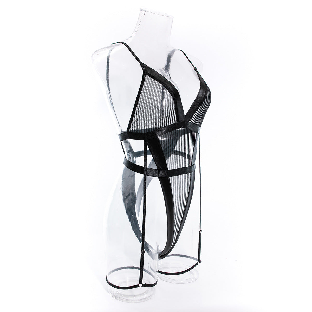 Striped Black Bodysuit with Backless Thong