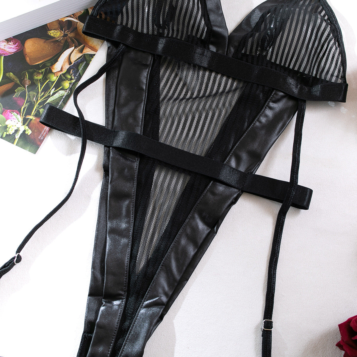 Striped Black Bodysuit with Backless Thong