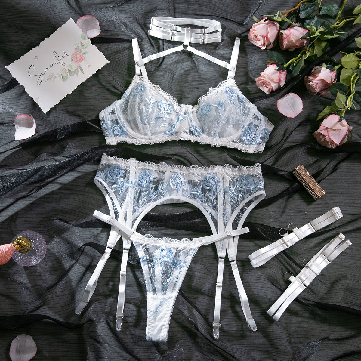 White Bra and Knickers Set with Flower Embroidery