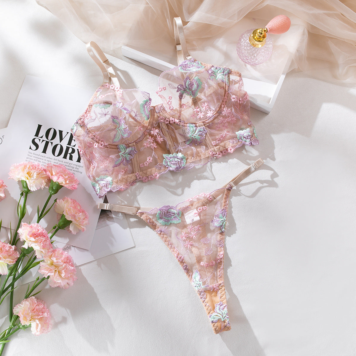 Sheer Bustier Corset Set with Floral
