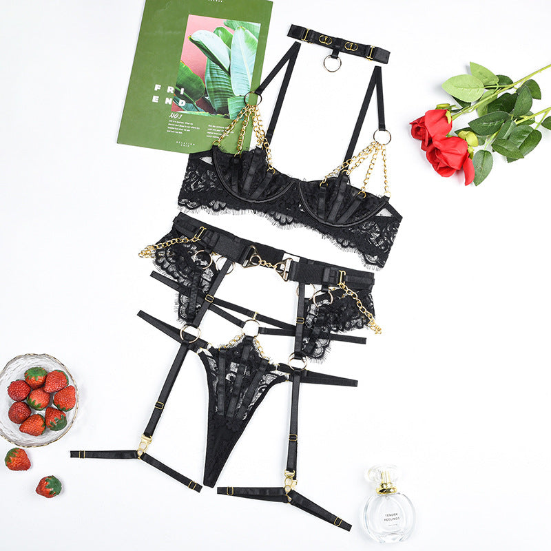Valentine's Day Sexy Half Cup Bra Set with Metal Chain Detailing