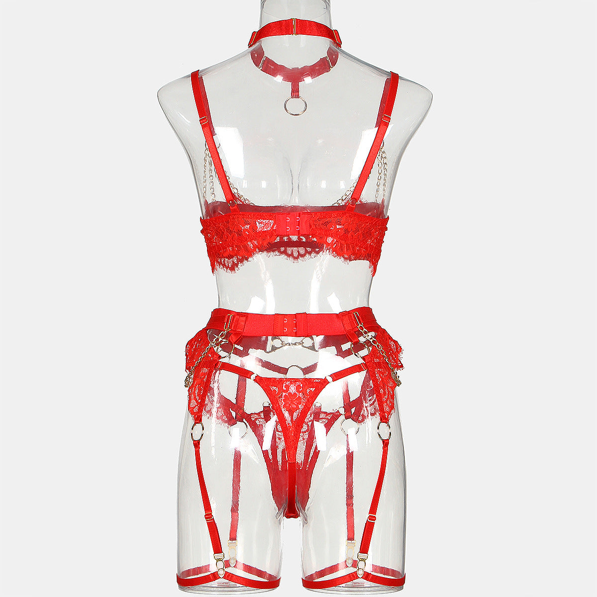 Valentine's Day Sexy Half Cup Bra Set with Metal Chain Detailing