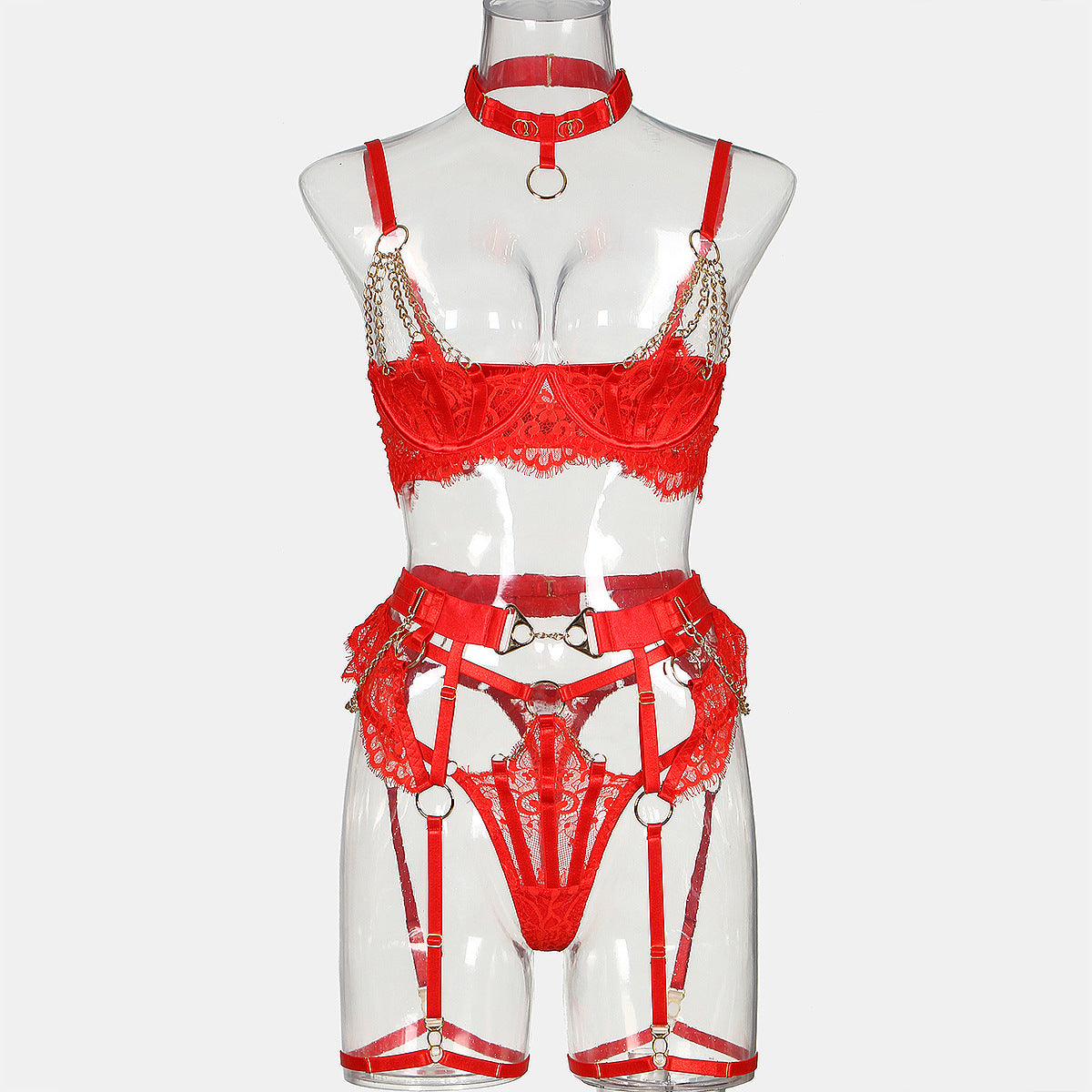 Valentine's Day Sexy Half Cup Bra Set with Metal Chain Detailing